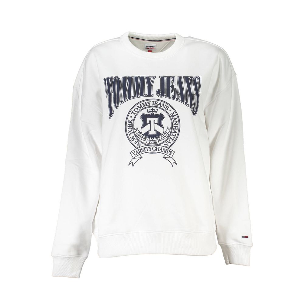 White sweatshirt with blue lettering and emblem