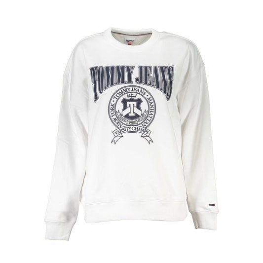 White sweatshirt with blue lettering and emblem