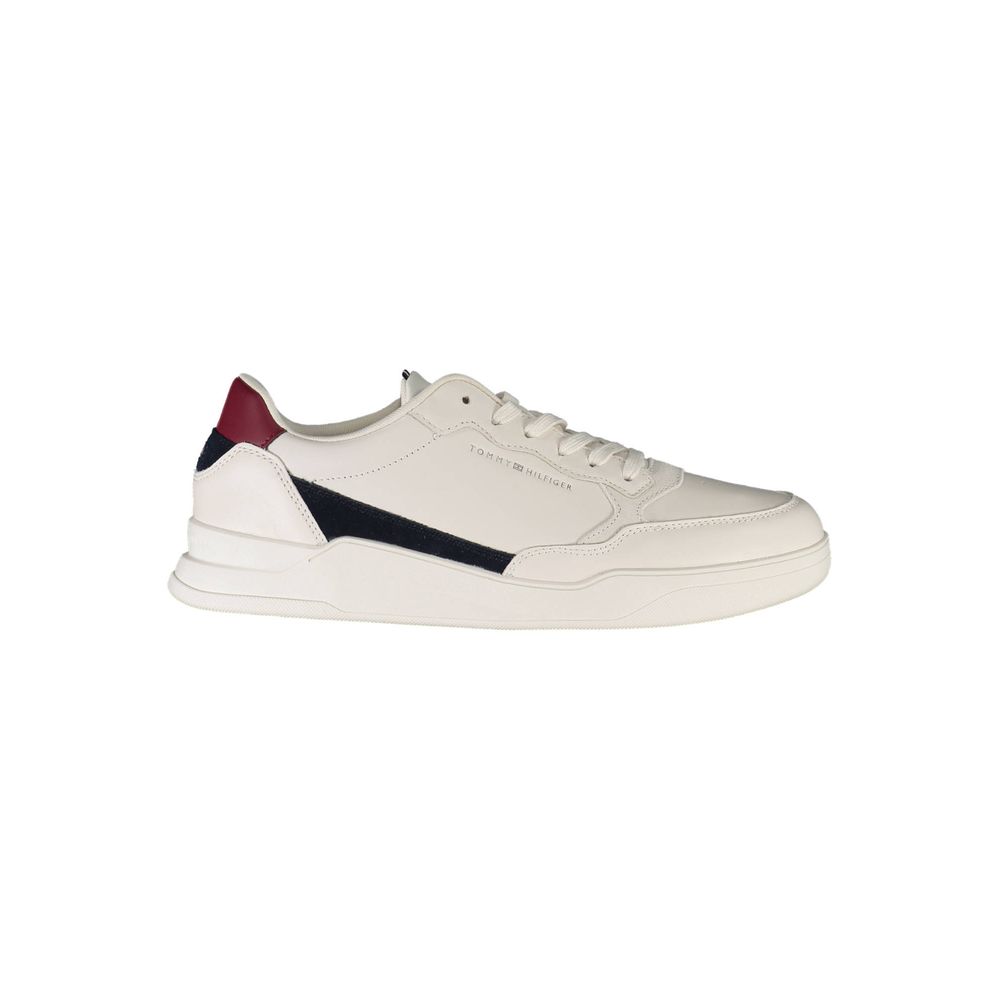 White sneaker with red and blue stripes on side