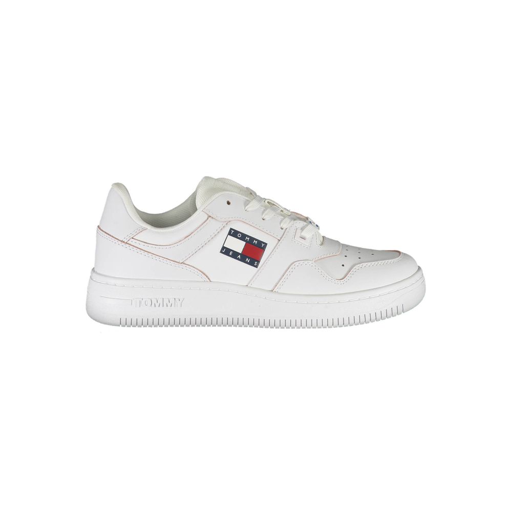 White sneaker with red and blue logo on side