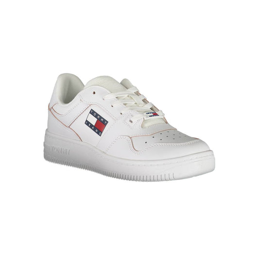 White sneaker with red and blue stripes on side