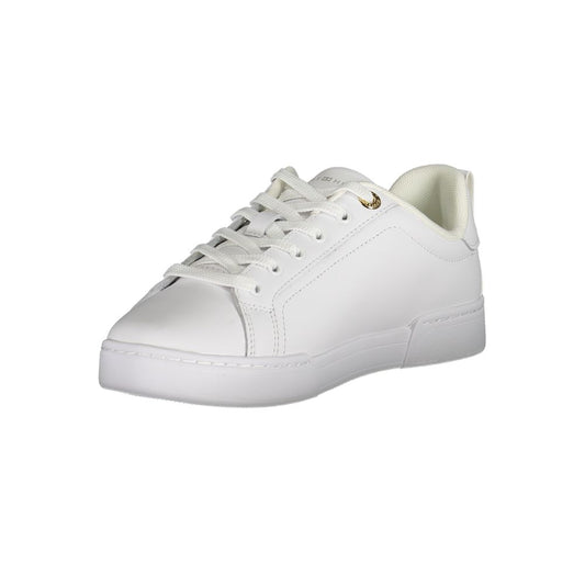 White sneaker with laces and a small gold logo on the side