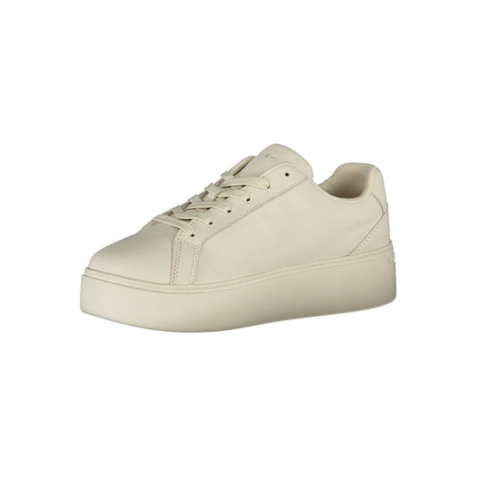White sneaker with laces and a flat sole