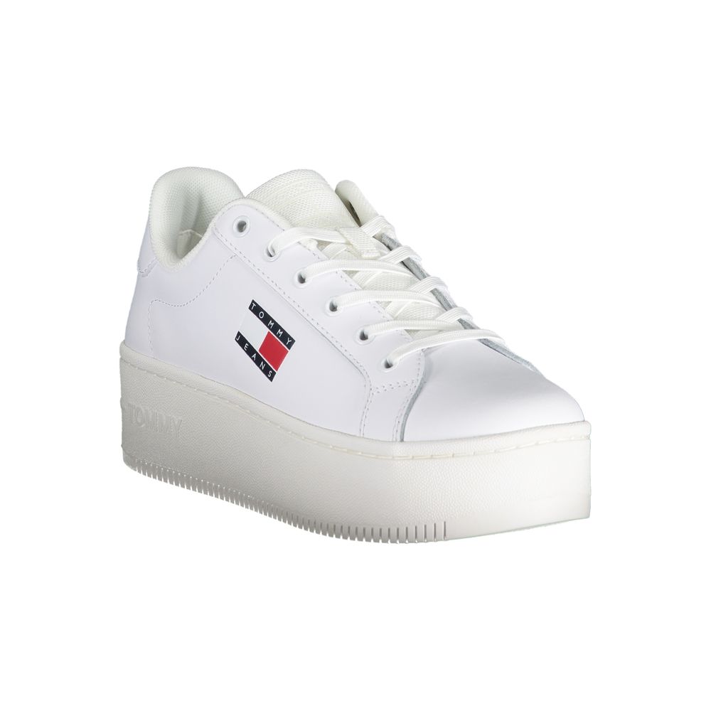 White sneaker with red logo on side and white sole