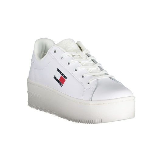 White sneaker with red logo on side and white sole