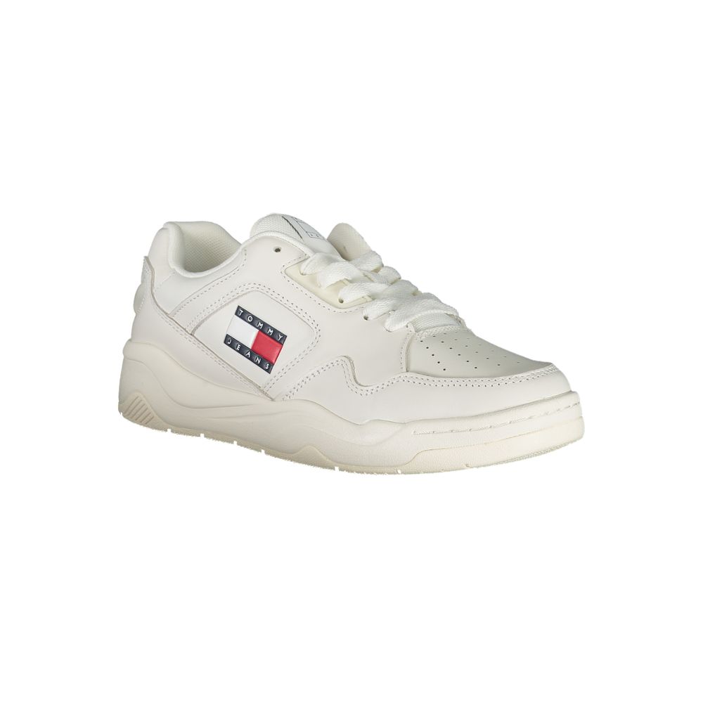 White sneaker with red logo on side and white laces