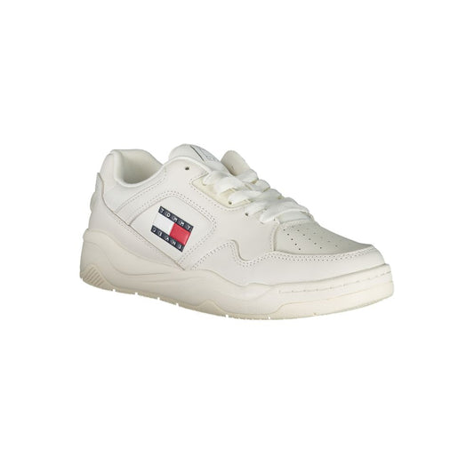 White sneaker with red logo on side and white laces