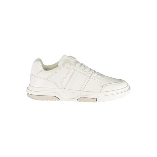 White sneaker with white laces and a tan sole