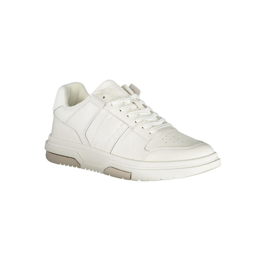 White sneaker with white laces and a tan sole