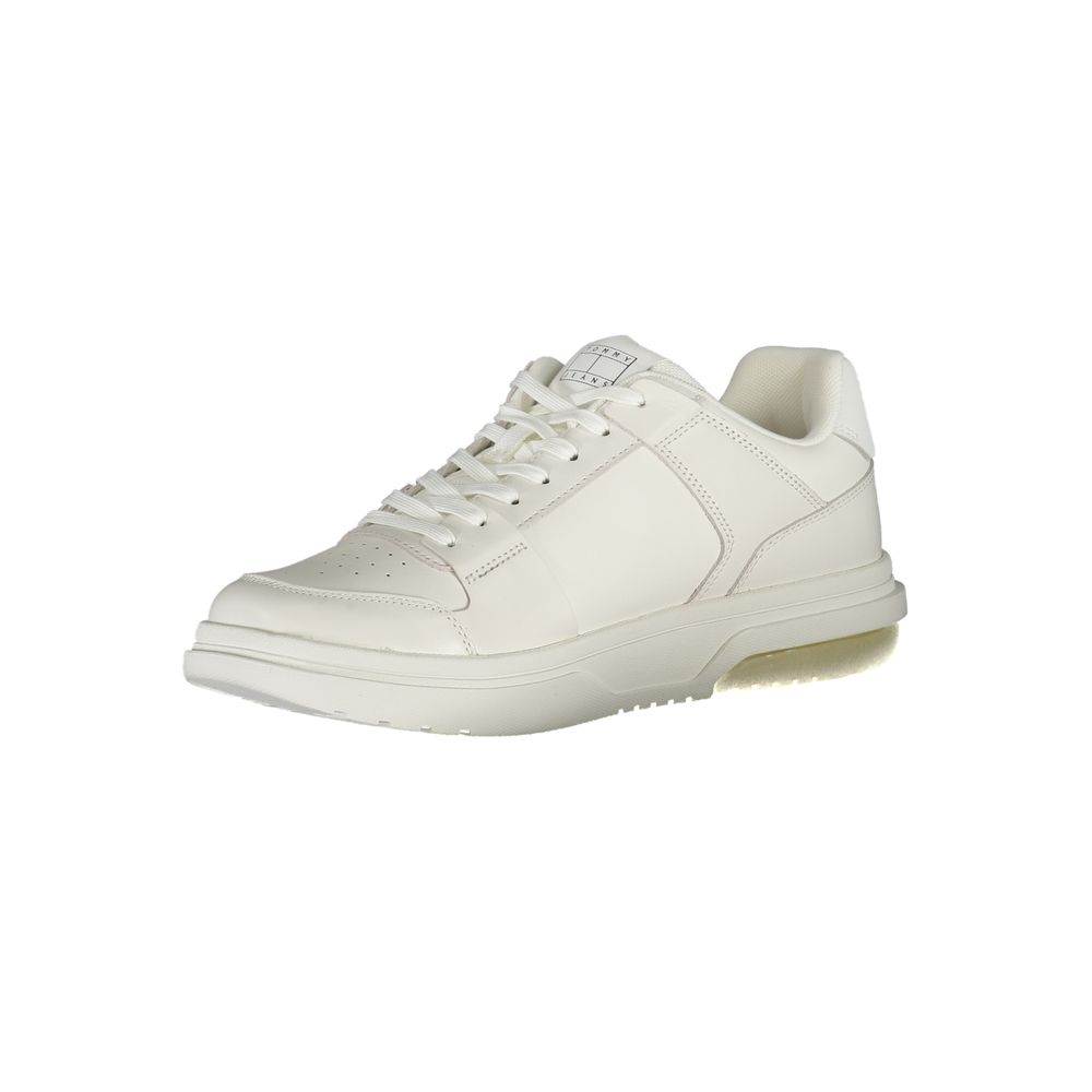 White sneaker with laces and a logo on the side