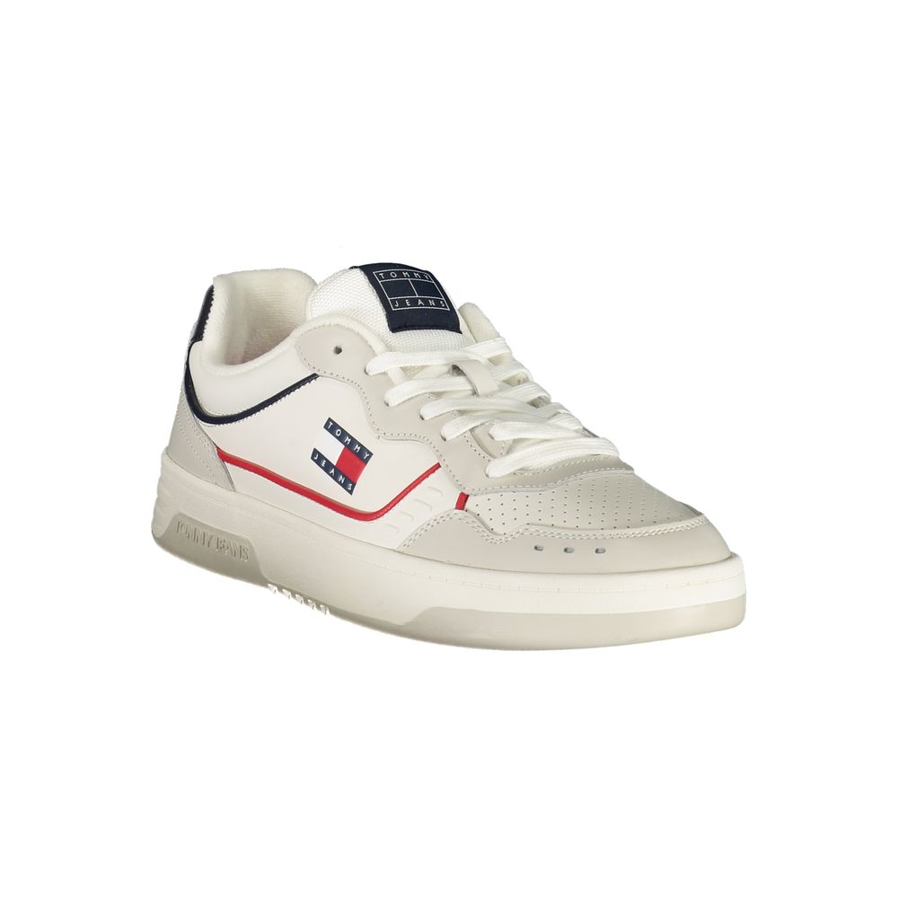 White sneaker with red stripe, laces, and logo on side
