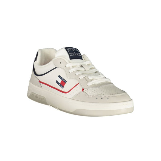 White sneaker with red stripe, laces, and logo on side