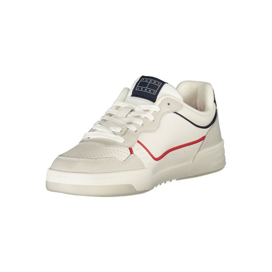 White sneaker with red stripe, laces, and logo on side