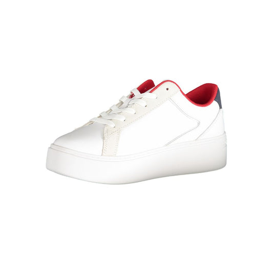 White sneaker with red accents, laces, and logo