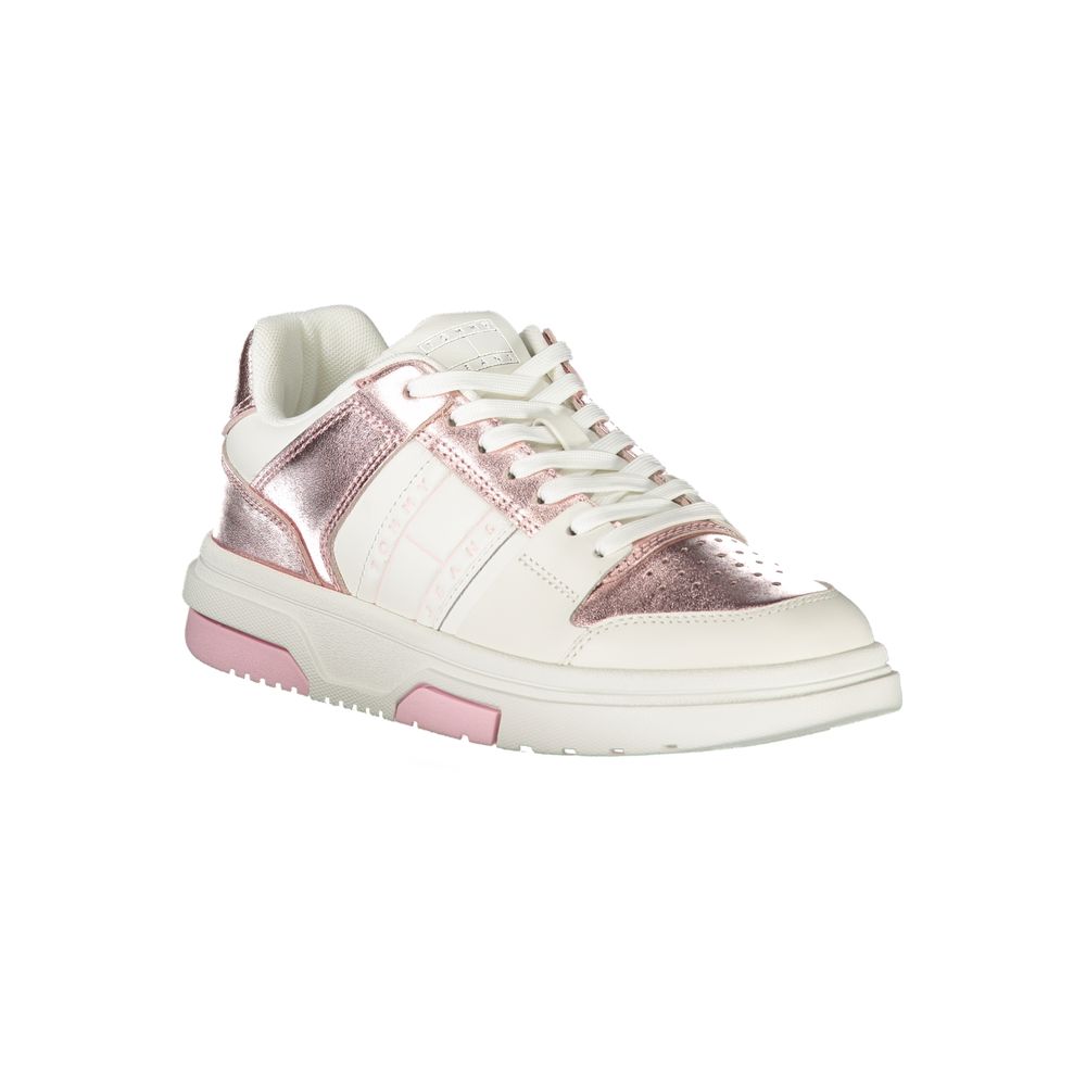 Pink and white women's sneakers with pink laces, featuring a glittery texture on the side