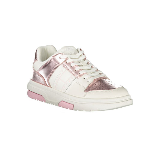 Pink and white women's sneakers with pink laces, featuring a glittery texture on the side