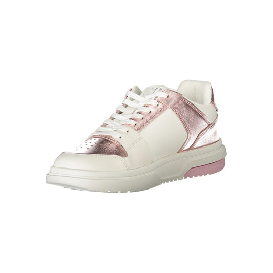 Pink and white women's sneaker with laces, featuring a glittery design on the side