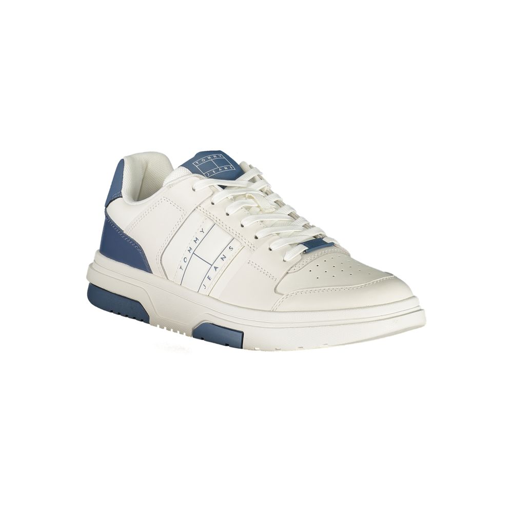 A white and blue men's sneaker with a logo on the side