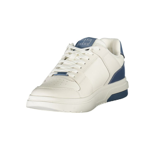 White and blue men's sneaker with laces, polyurethane sole, and logo on side