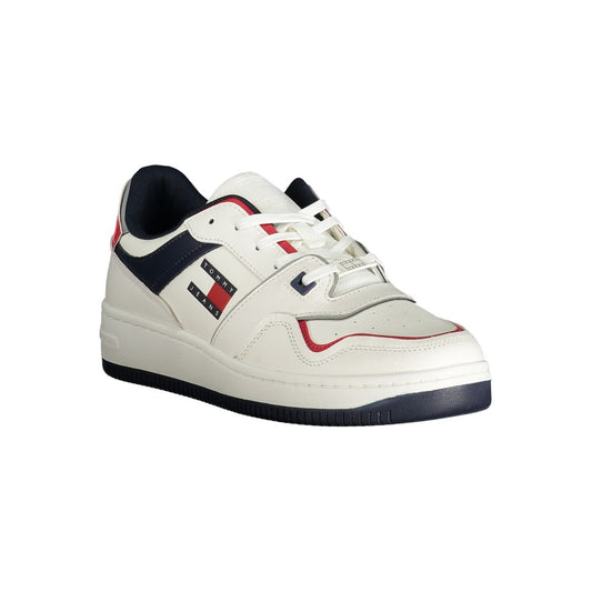 White sneaker with red and blue accents