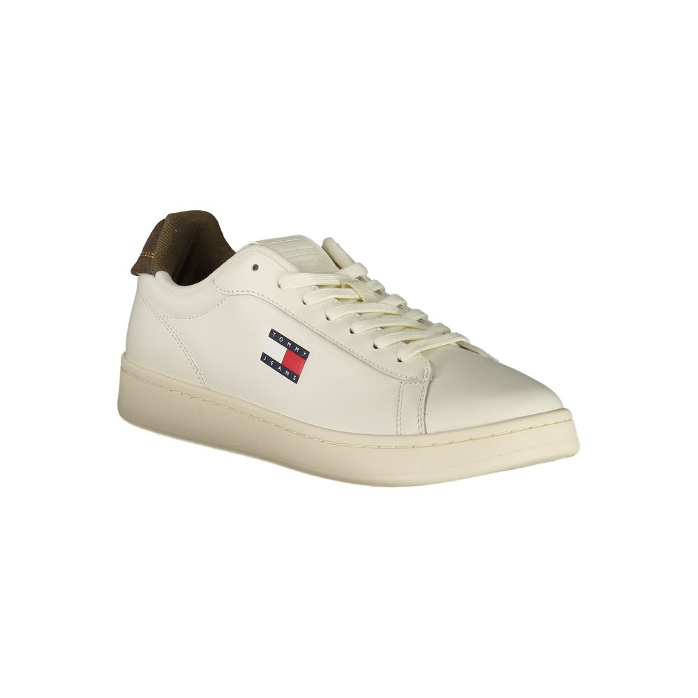White men's sneaker with red logo, laces, and sole