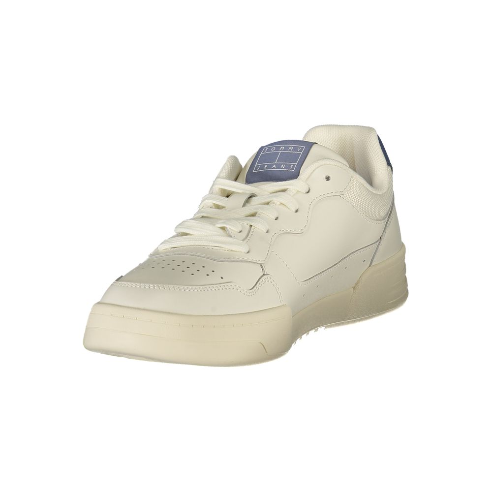 A white men's sneaker with a blue logo on the side, featuring a lace-up closure and a rubber sole