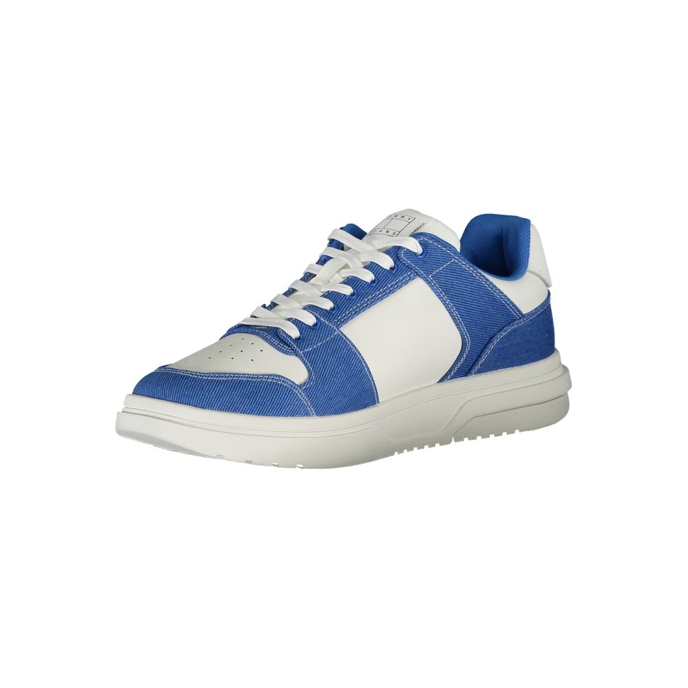 Blue and white men's sneaker with laces, polyurethane sole, and logo on side
