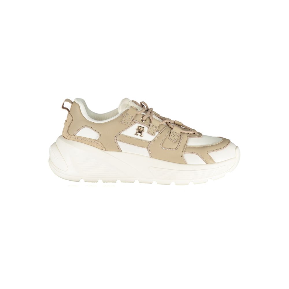 Tan and white sneaker with laces