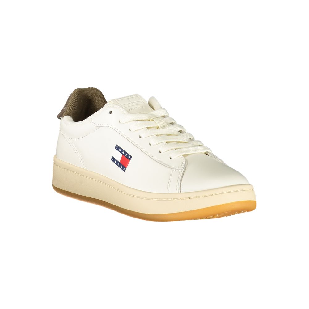White sneaker with red logo on side, laces, and sole