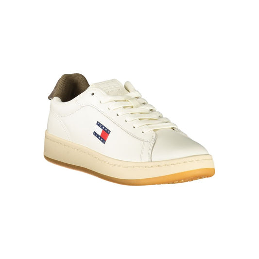 White sneaker with red logo on side, laces, and sole