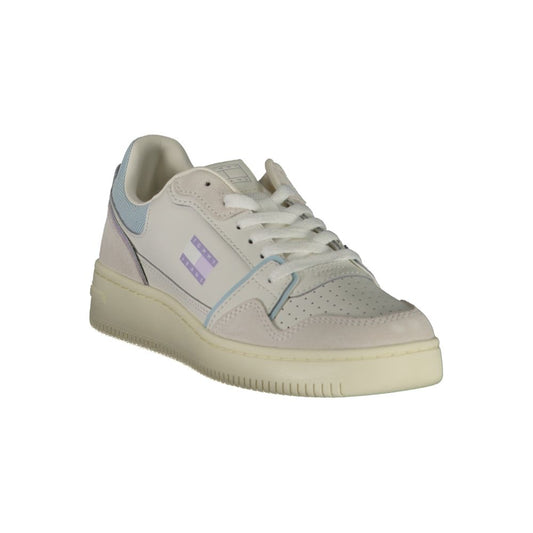 A white and blue women's sneaker with a lace-up front, featuring the Tommy Hilfiger logo