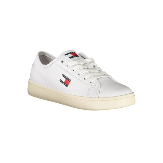 White sneaker with red logo on side, laces, and sole