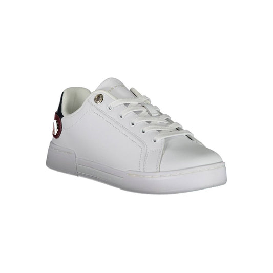White sneaker with red logo on side, laces, and sole