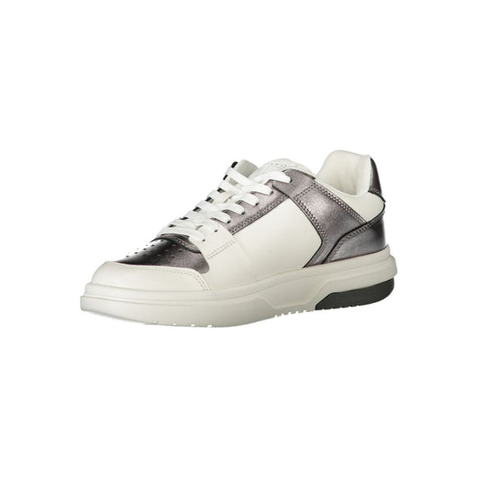 White and silver sneaker with white laces