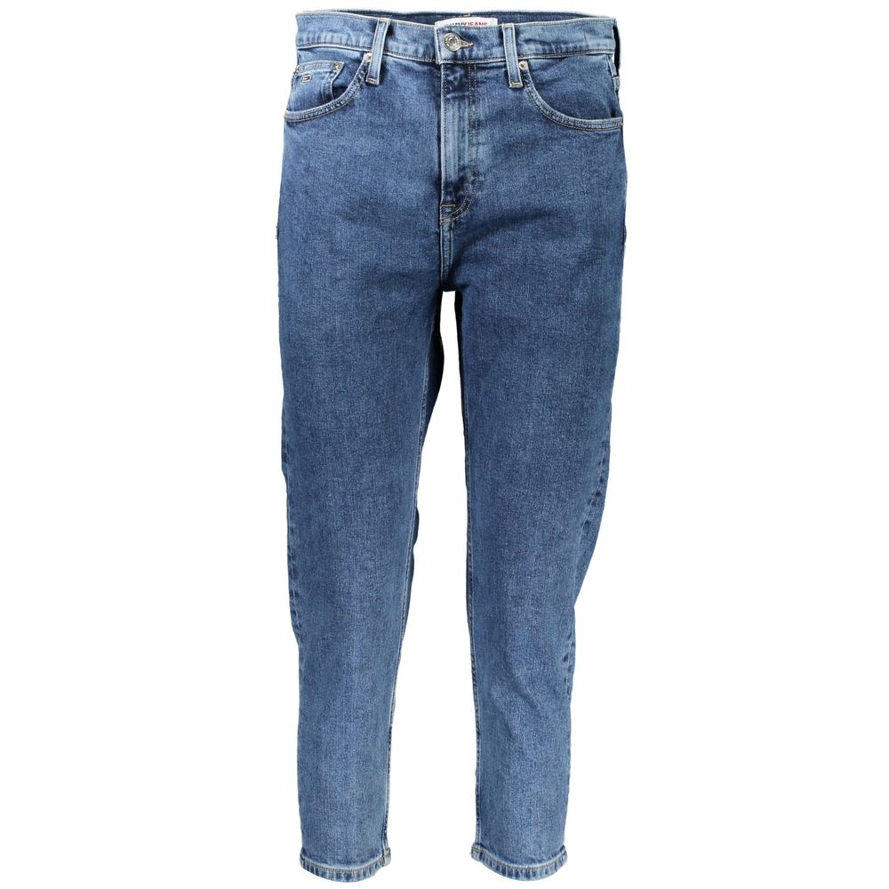 Pair of blue denim jeans with faded areas and a button fly