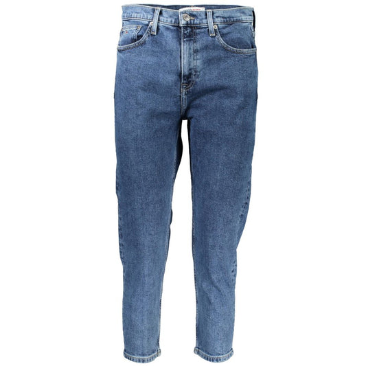 Pair of blue denim jeans with faded areas and a button fly