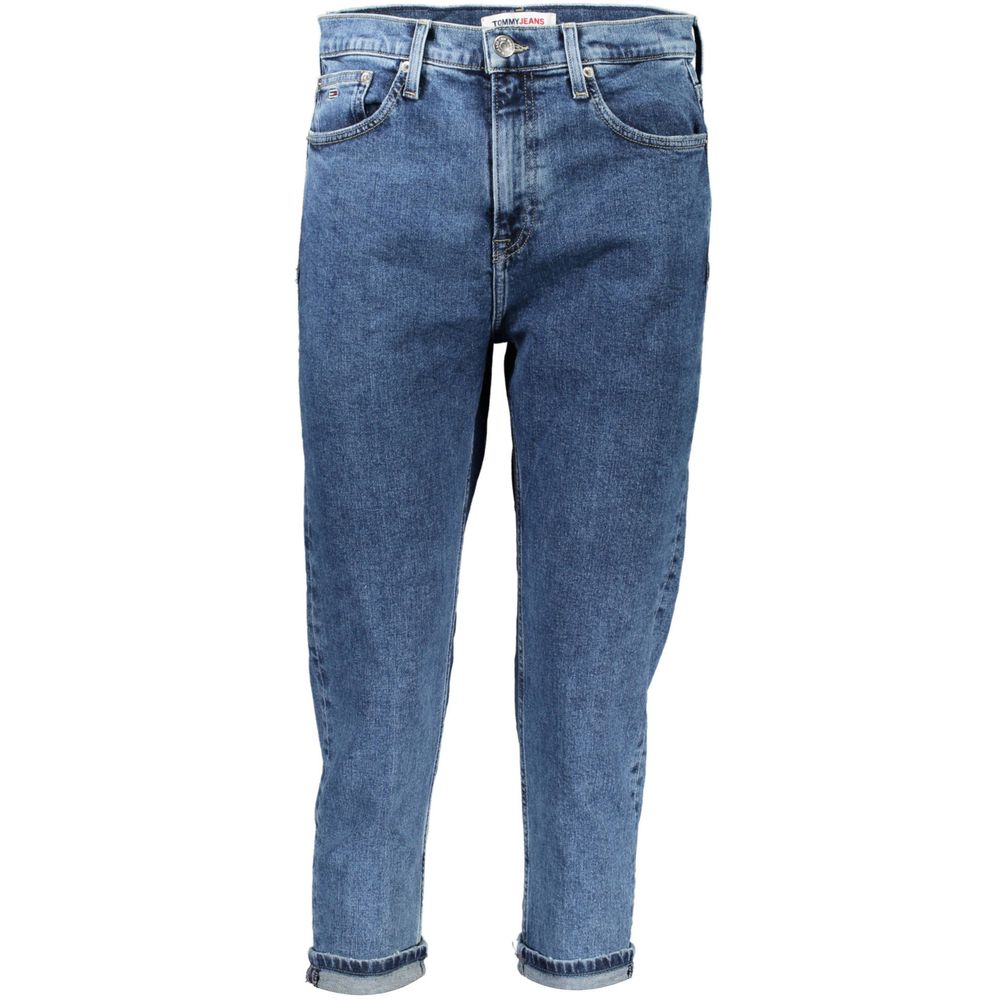 Pair of blue denim jeans with faded areas and rolled up cuffs