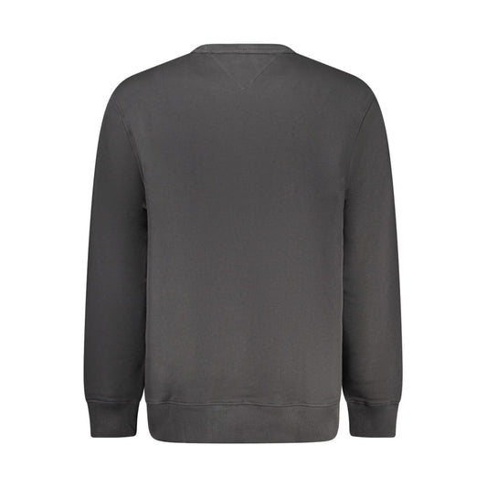 A dark grey sweatshirt with a crew neckline and long sleeves. It appears to be made of a smooth fabric, possibly cotton o
