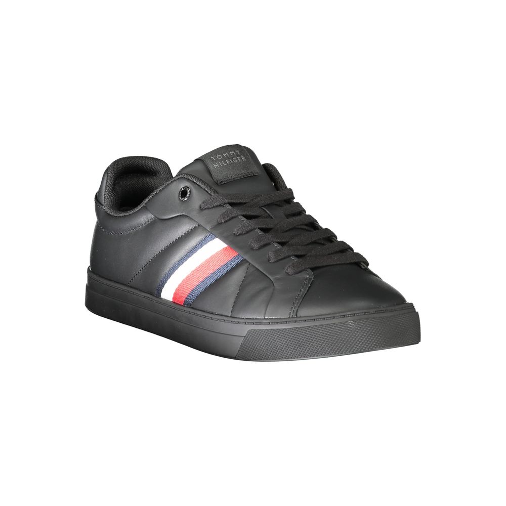 A black leather men's sneaker with a red stripe on the side