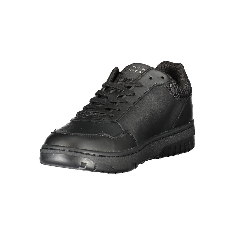Black work boot with laces and a thick sole