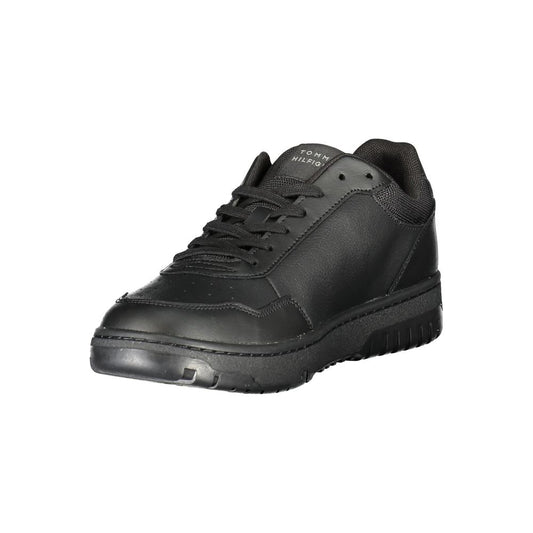 Black work boot with laces and a thick sole