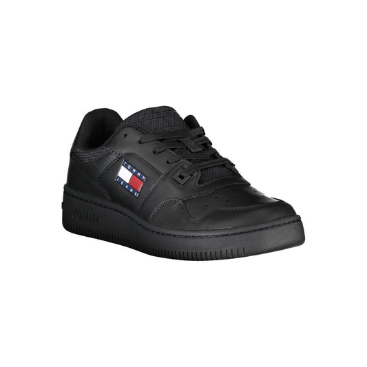 A black leather women's sneaker with a red, white, and blue logo on the side