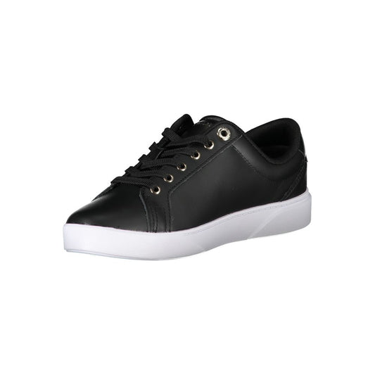 A black leather women's sneaker with white laces and a low top