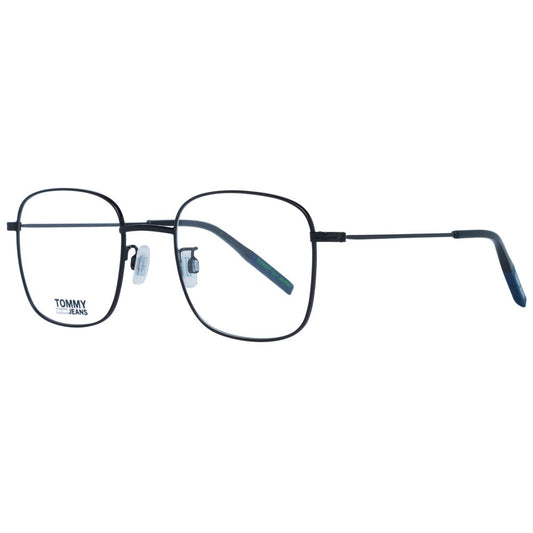 Pair of black eyeglasses with a logo on the side