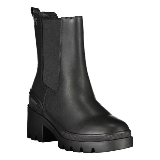 Black leather boot with a chunky heel and platform sole