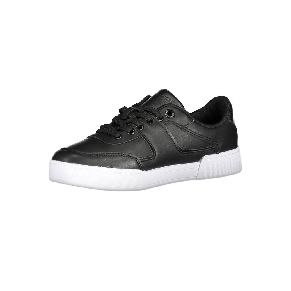 A black women's sneaker with white sole, laces, and logo