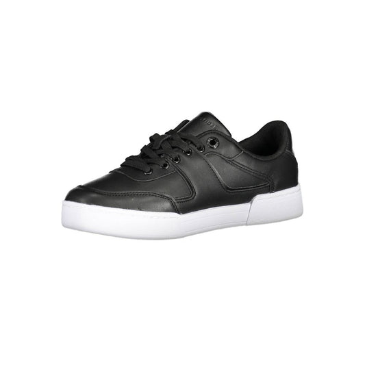 A black women's sneaker with white sole, laces, and logo