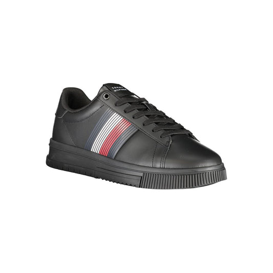 Black sneaker with white stripe and red accents