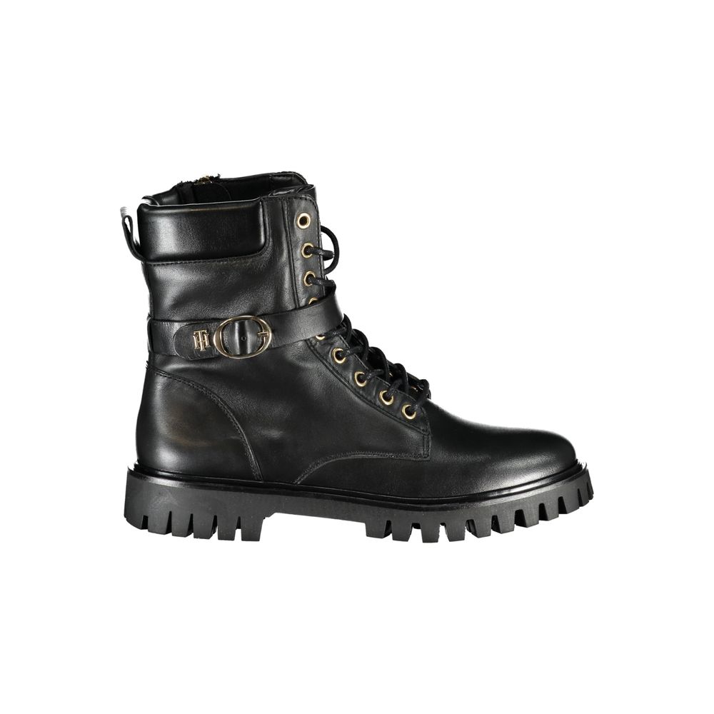 Black leather boot with metal buckle and laces