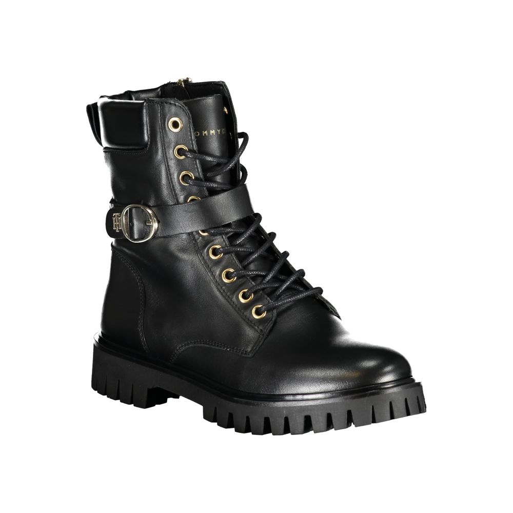 Black leather boot with gold buckle and strap detailing